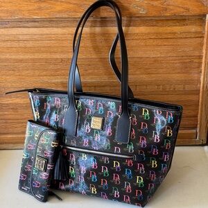 Dooney & Bourke Black Tote with Colorful Logo Pattern
